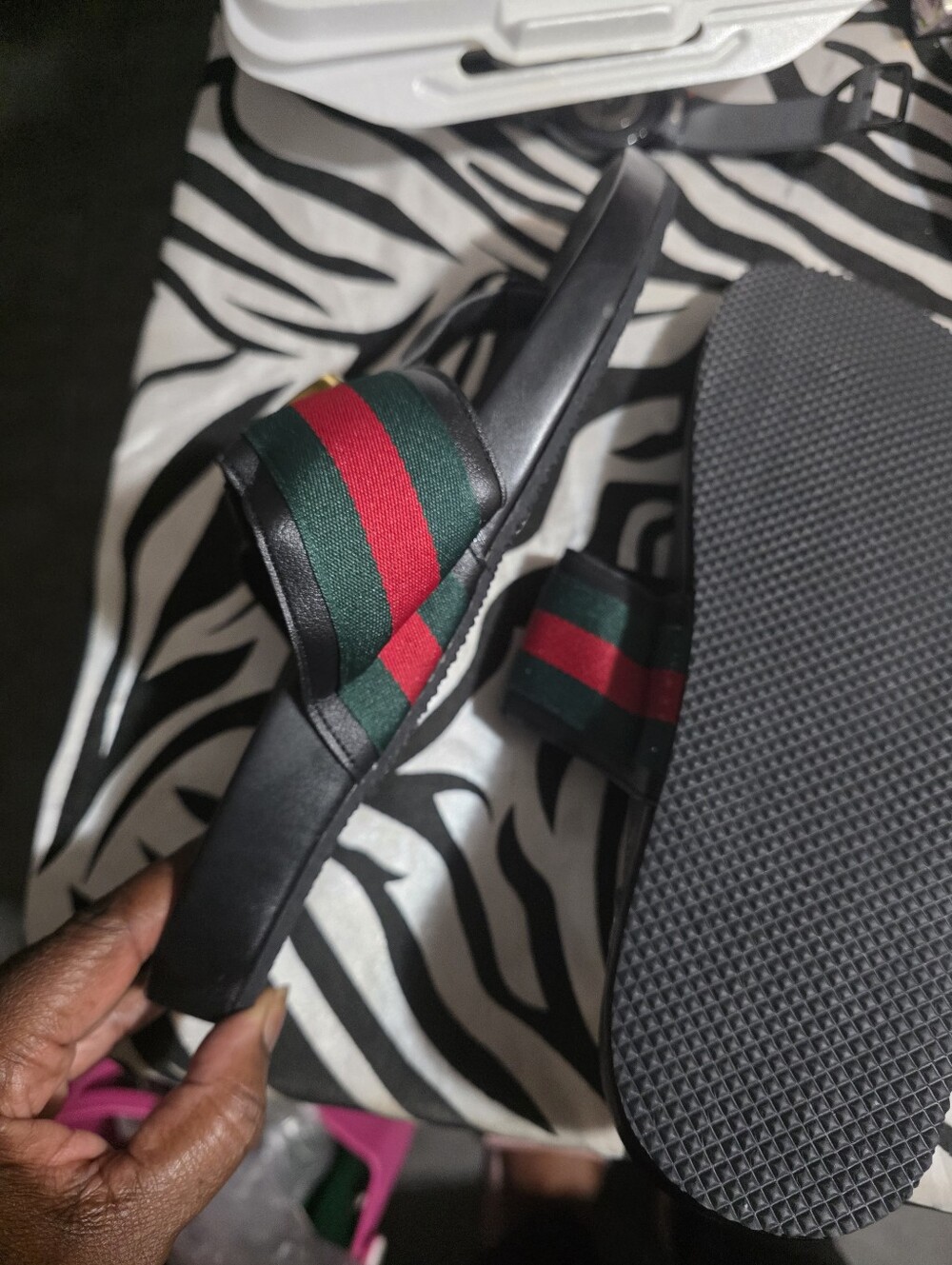 Gucci Black Leather Slides with Green and Red Web Stripe and Gold Double G - Picture 3 of 3
